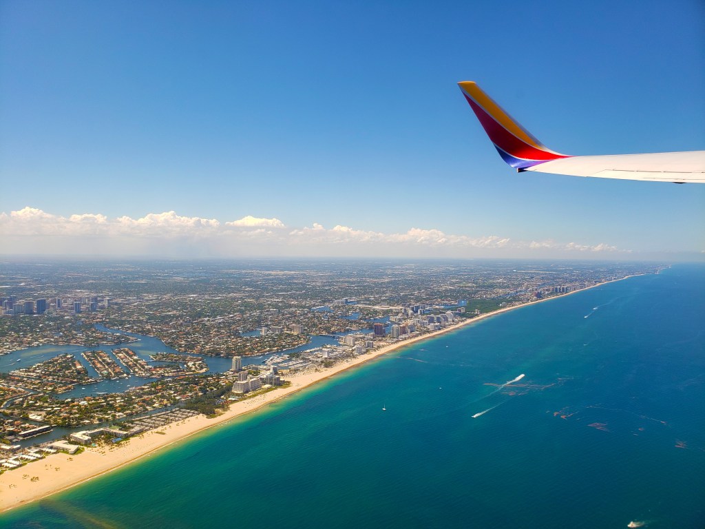 Aerial view flying over Dania Beach, Florida.